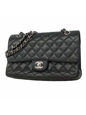 Chanel Shoulder Bag Quilted Caviar Leather Black Silver